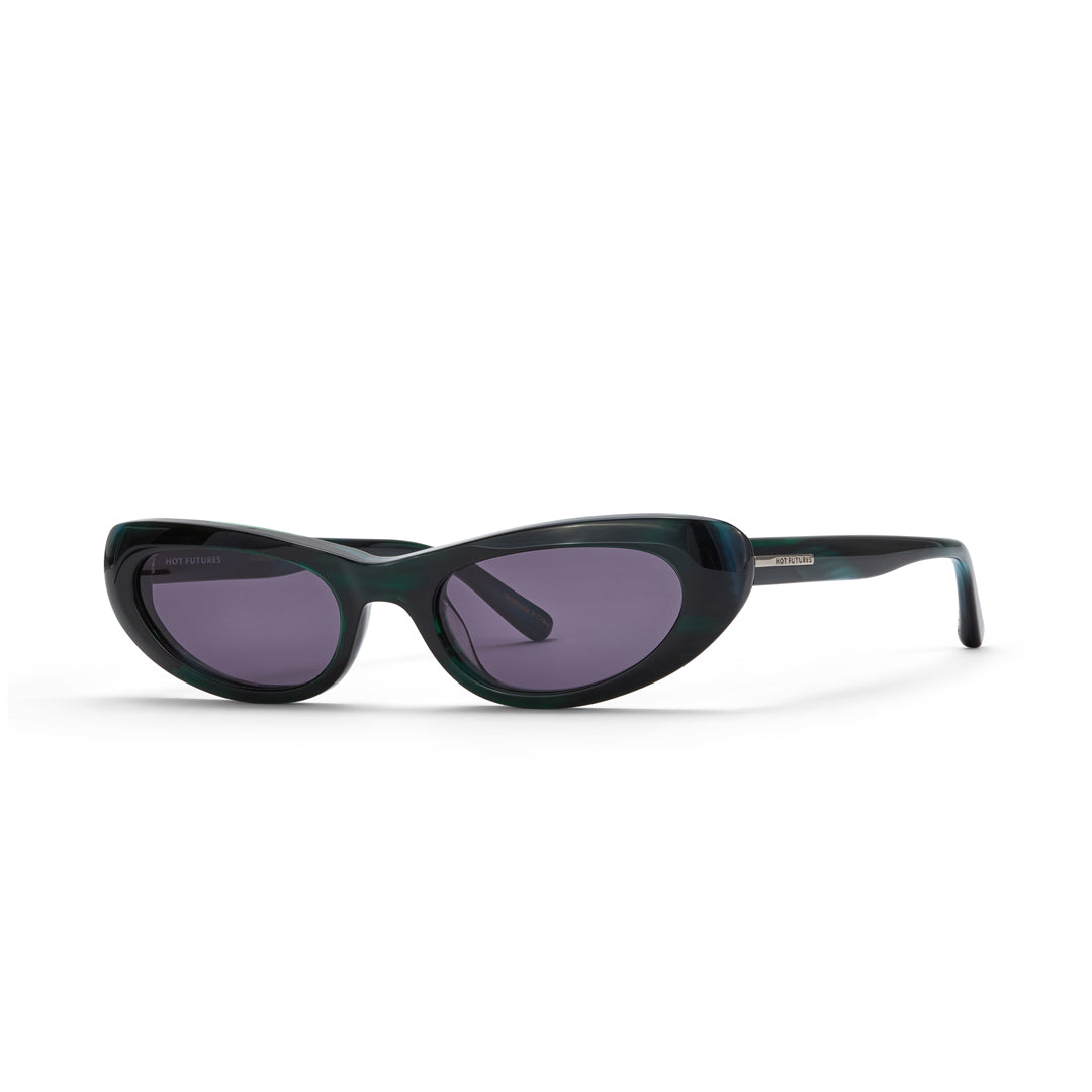 Sunglasses with deep green frame and purple/black smoke lenses on a white background