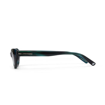 Sunglasses with a green frame on a white background