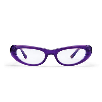 Purple eyeglasses on a white background