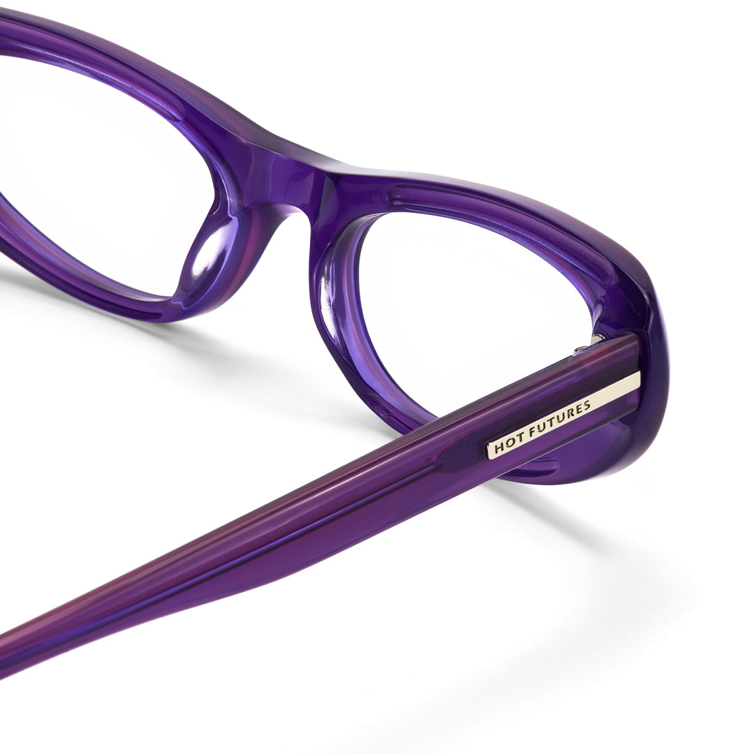 Purple eyeglasses with 'Hot Futures' logo on a white background