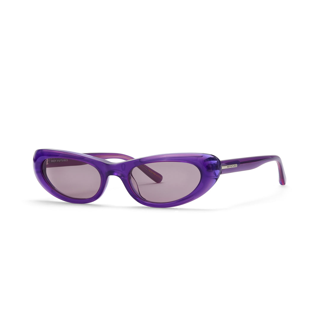 Our Hot Futures Ghost Psychedelic Purple sunglasses against a white studio backdrop. Purple sunglasses frame with a transparent purple lens.