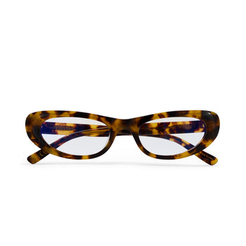 Tortoiseshell cat-eye glasses on a white background