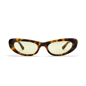 Sunglasses with tortoiseshell frame and yellow lenses on a white background