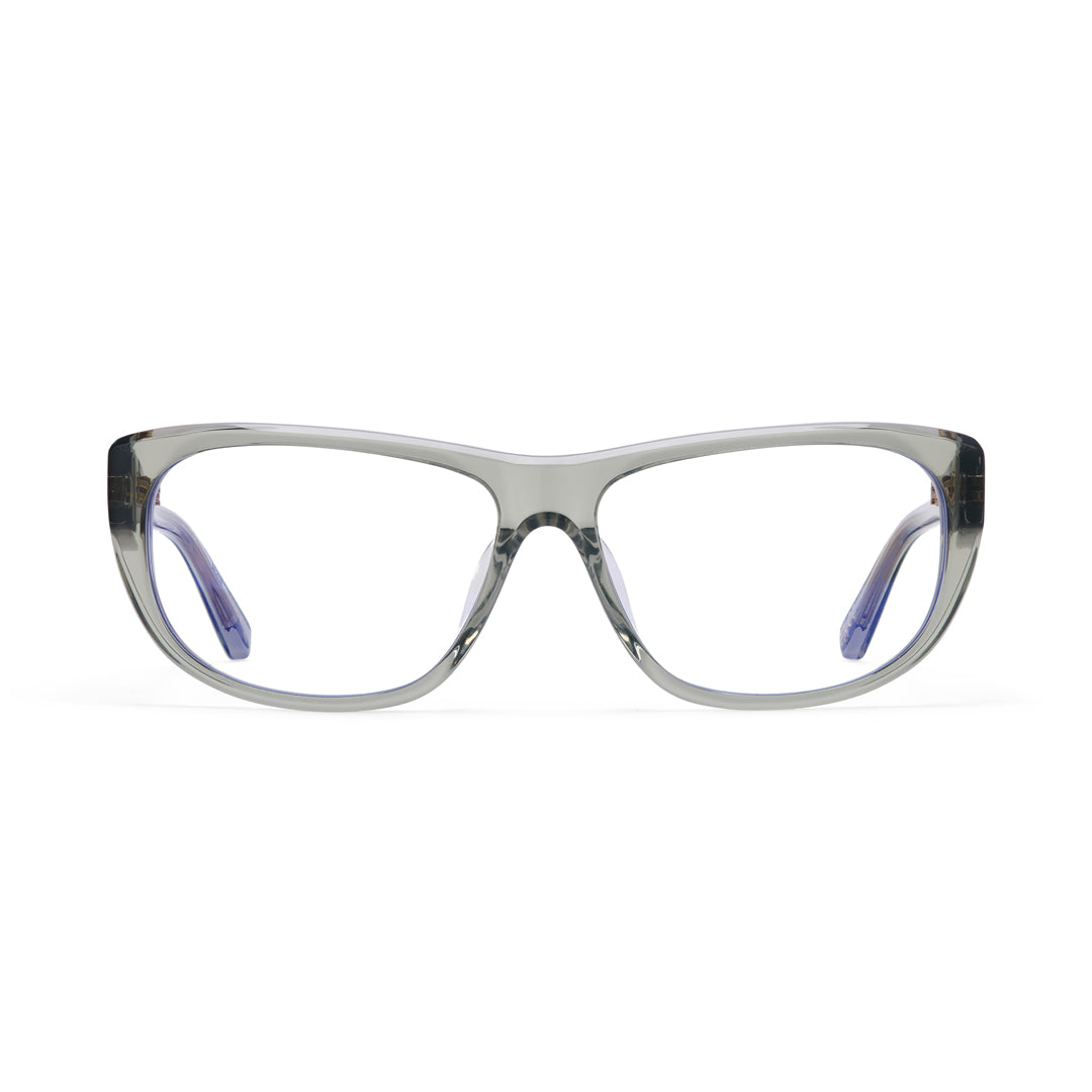 Eyeglasses with a clear moss green frame on a white background