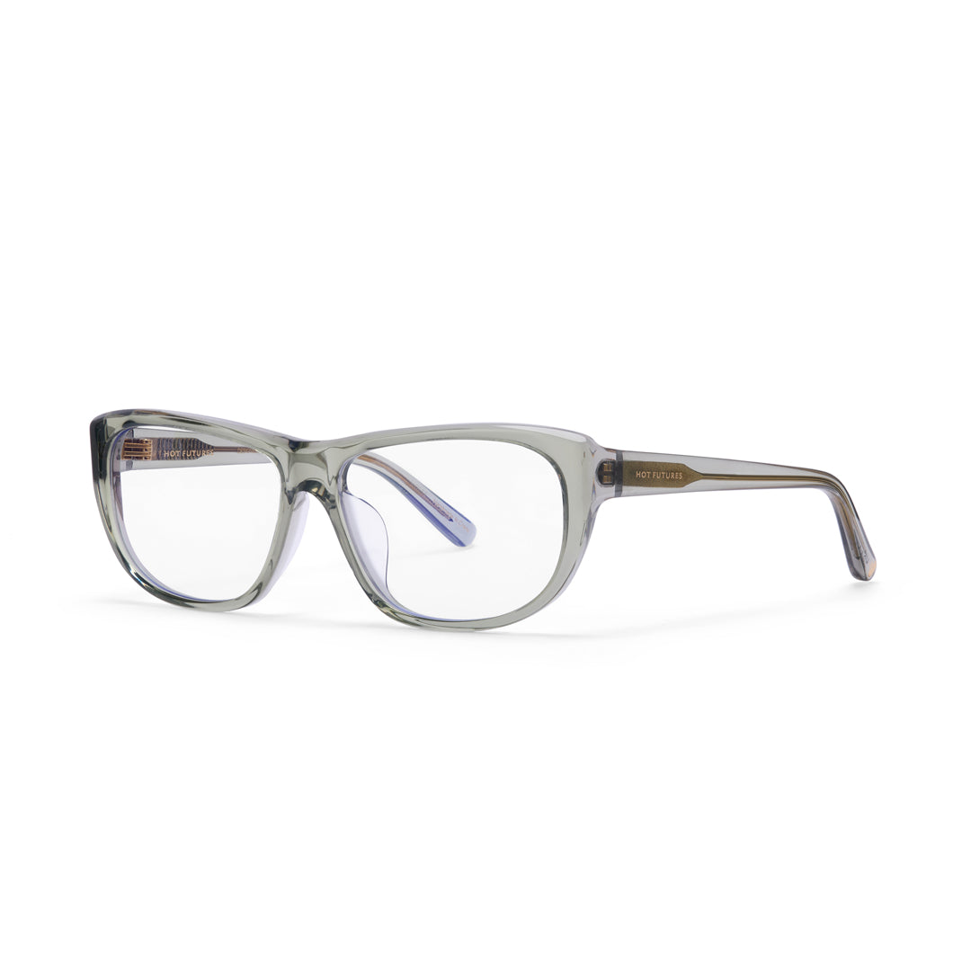Eyeglasses with a clear moss green frame on a white background