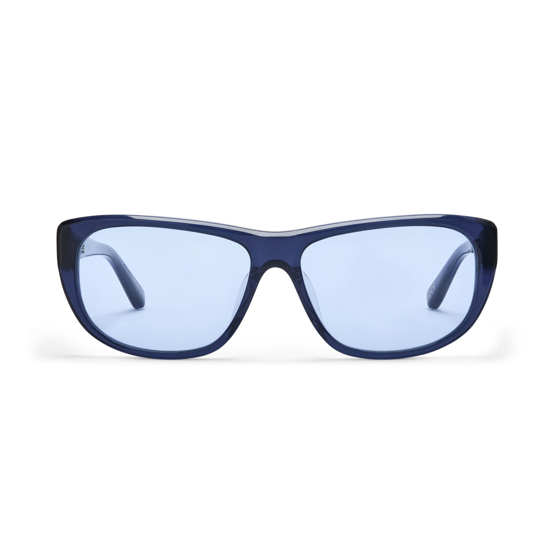 Hot Futures Moon blue sunglasses with blue lens on a white backdrop