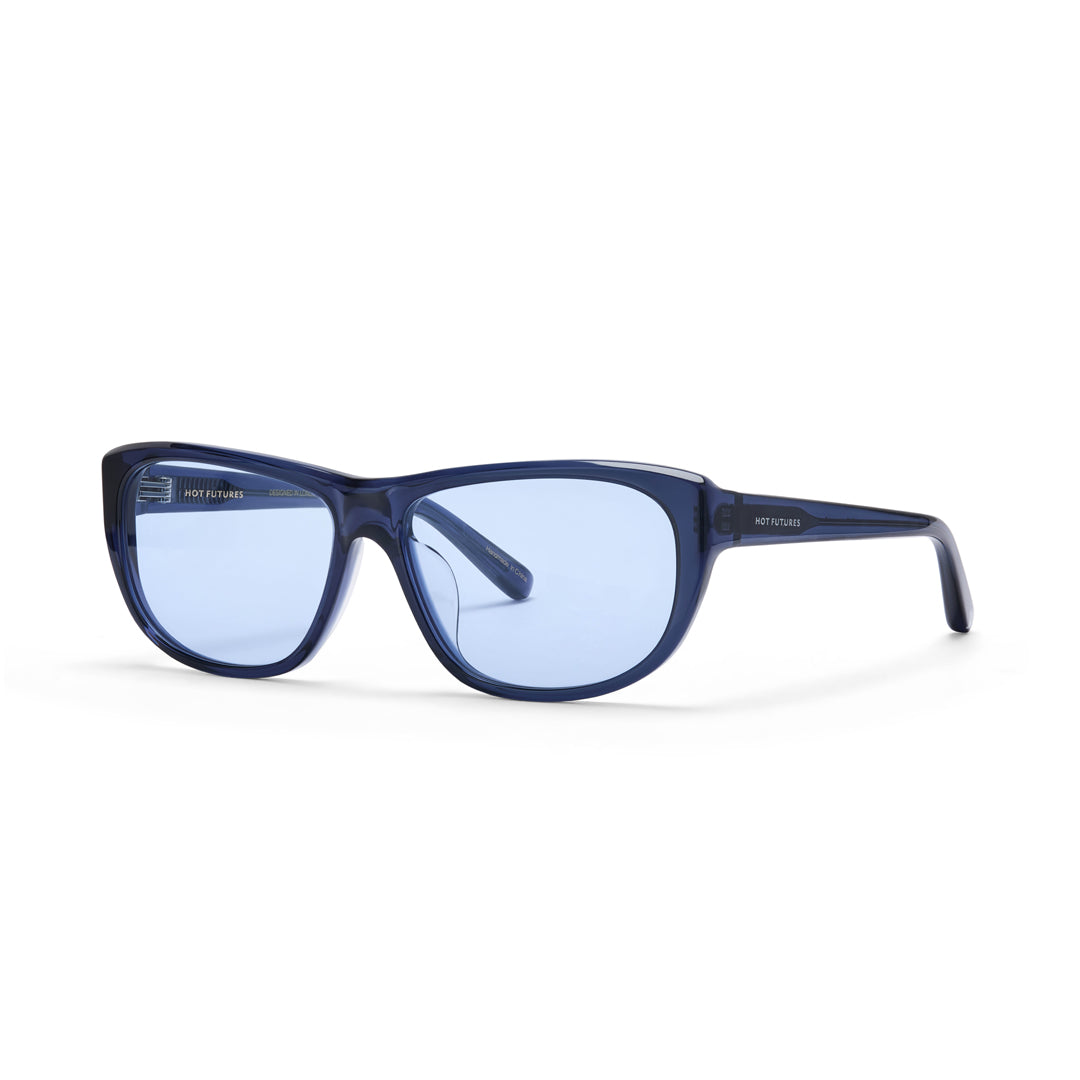Hot Futures Moon blue sunglasses with blue lens on a white backdrop