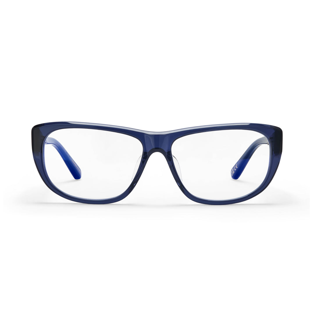 Hot Futures Moon Dark navy blue clear lens blue light glasses on a white backdrop