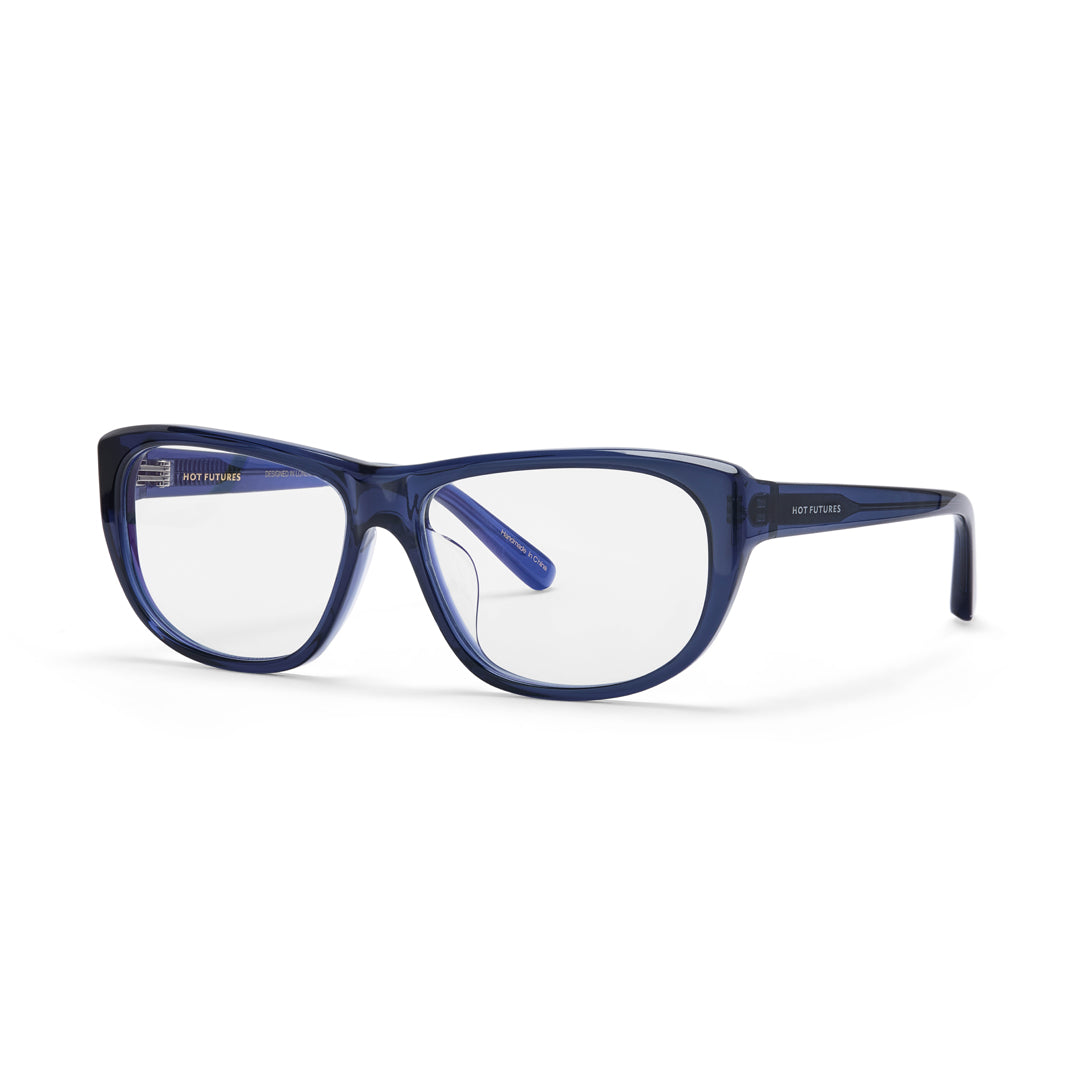 Hot Futures Moon Dark navy blue clear lens blue light glasses on a white backdrop