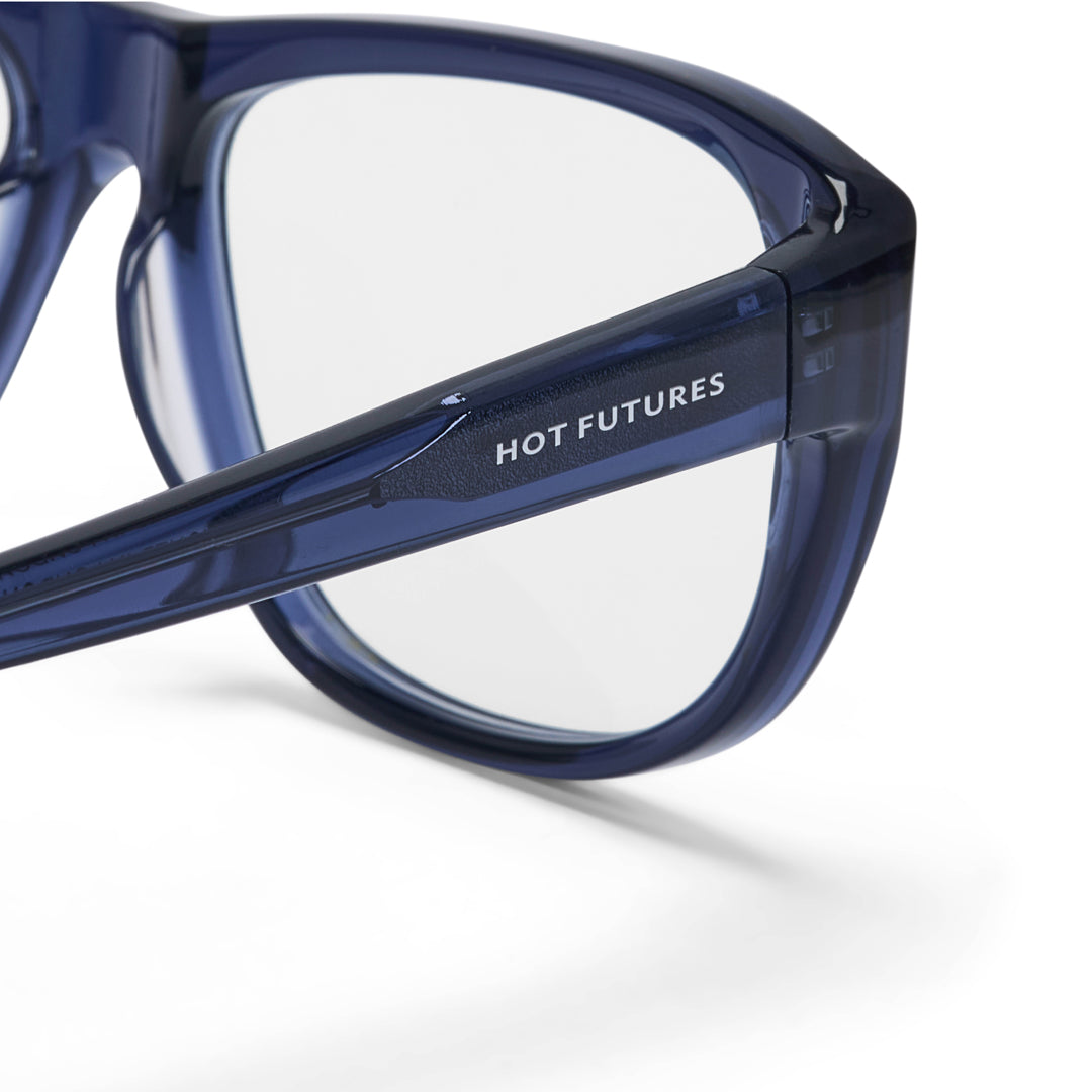 Blue eyeglasses with 'Hot Futures' branding on a white background