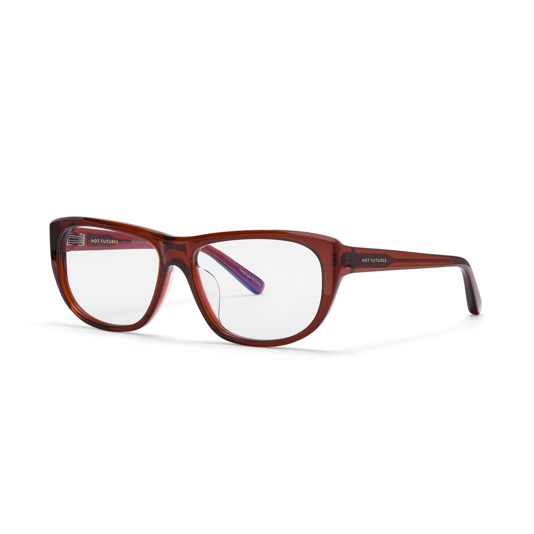 Hot Futures Mon glasses in clear blue lens with toffee brown frame, on a white backdrop