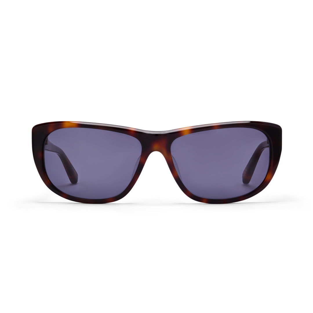 Sunglasses with tortoiseshell frame and dark lenses on a white background