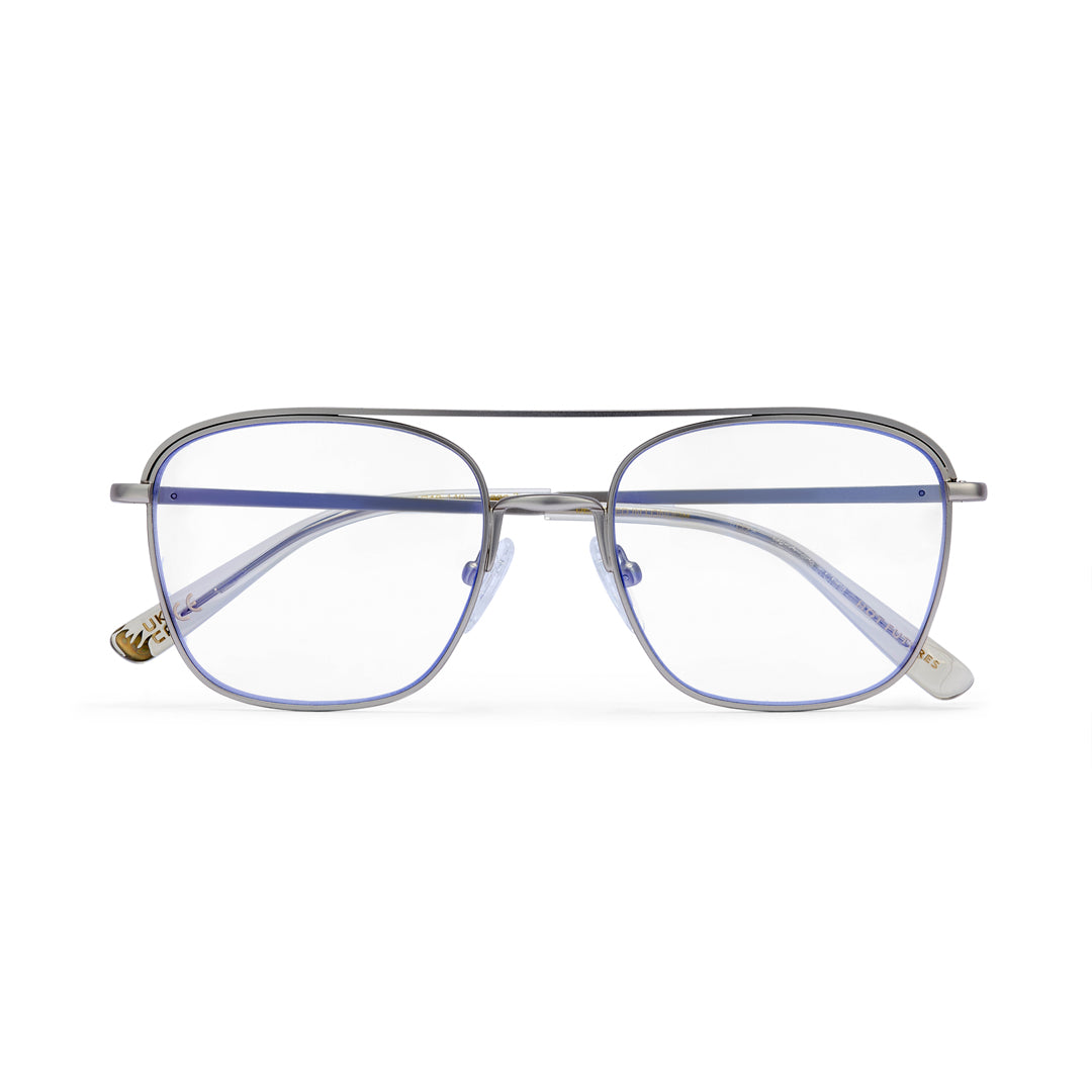 Silver eyeglasses on a white background