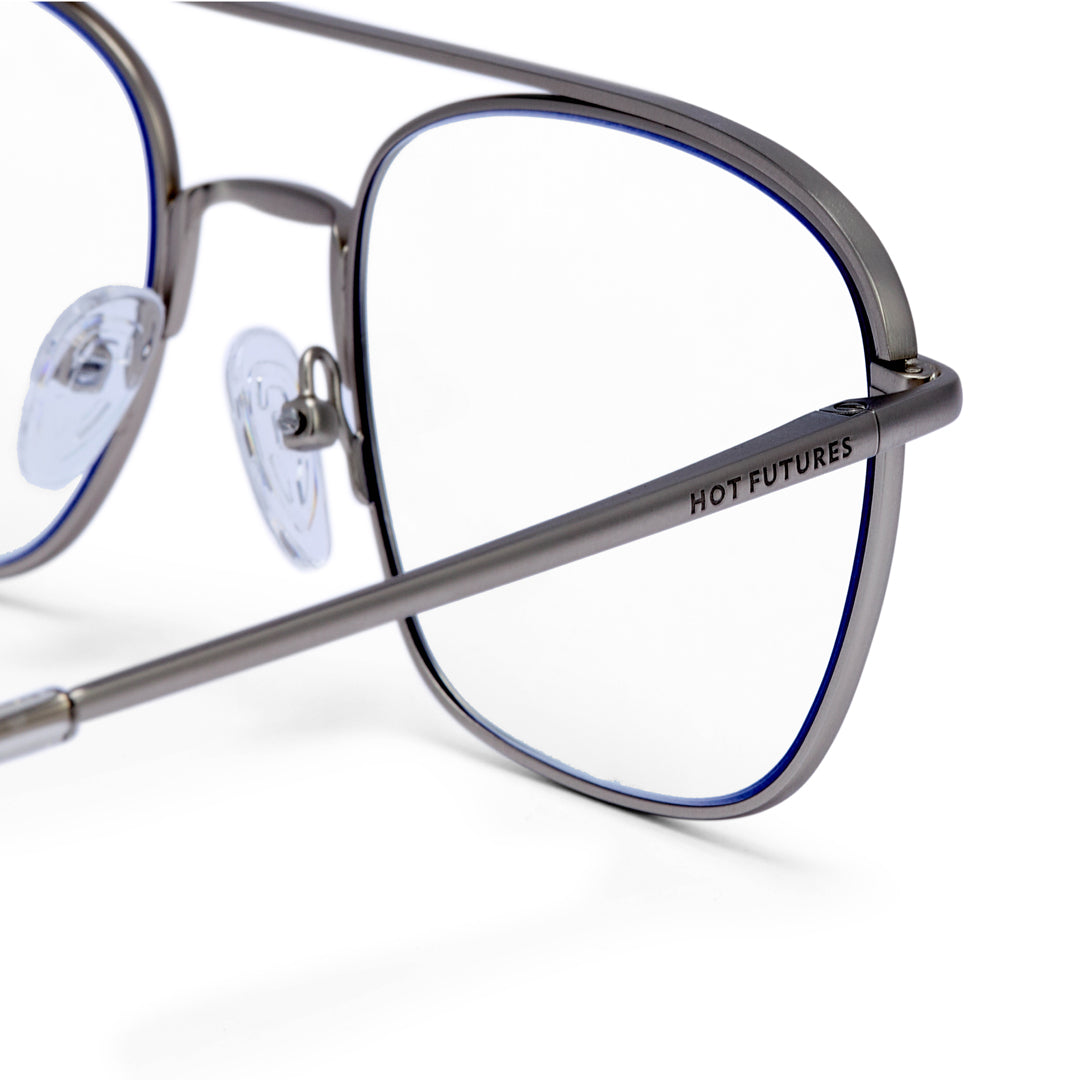Close-up of a pair of eyeglasses with 'Hot Futures' branding on a white background