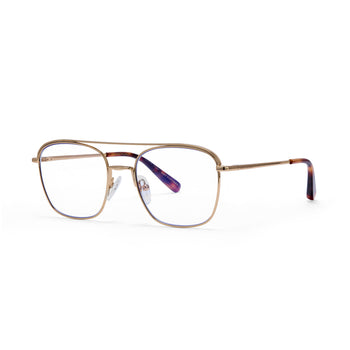 Gold-framed aviator eyeglasses on a white background