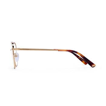 Eyeglasses with gold frame and tortoiseshell arms on a white background
