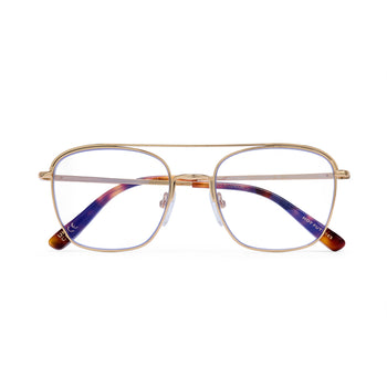 Gold-framed eyeglasses with multicolored lenses on a white background