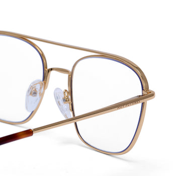 Gold-framed eyeglasses on a white background