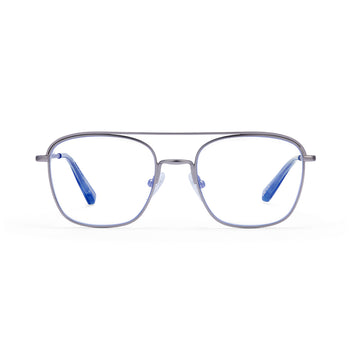 Silver aviator eyeglasses with blue temple tips on a white background