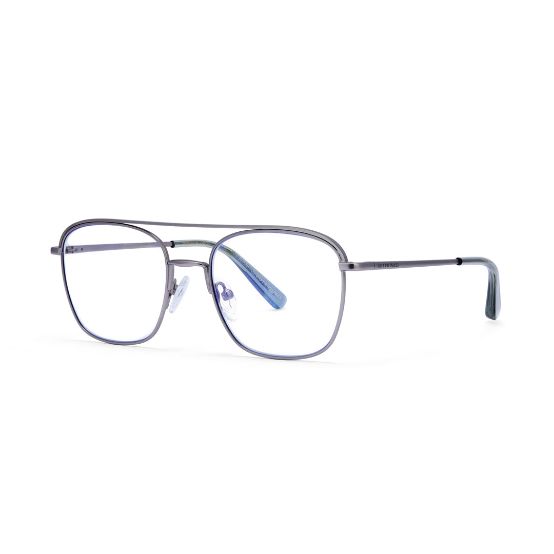 Silver aviator eyeglasses with blue temple tips on a white background
