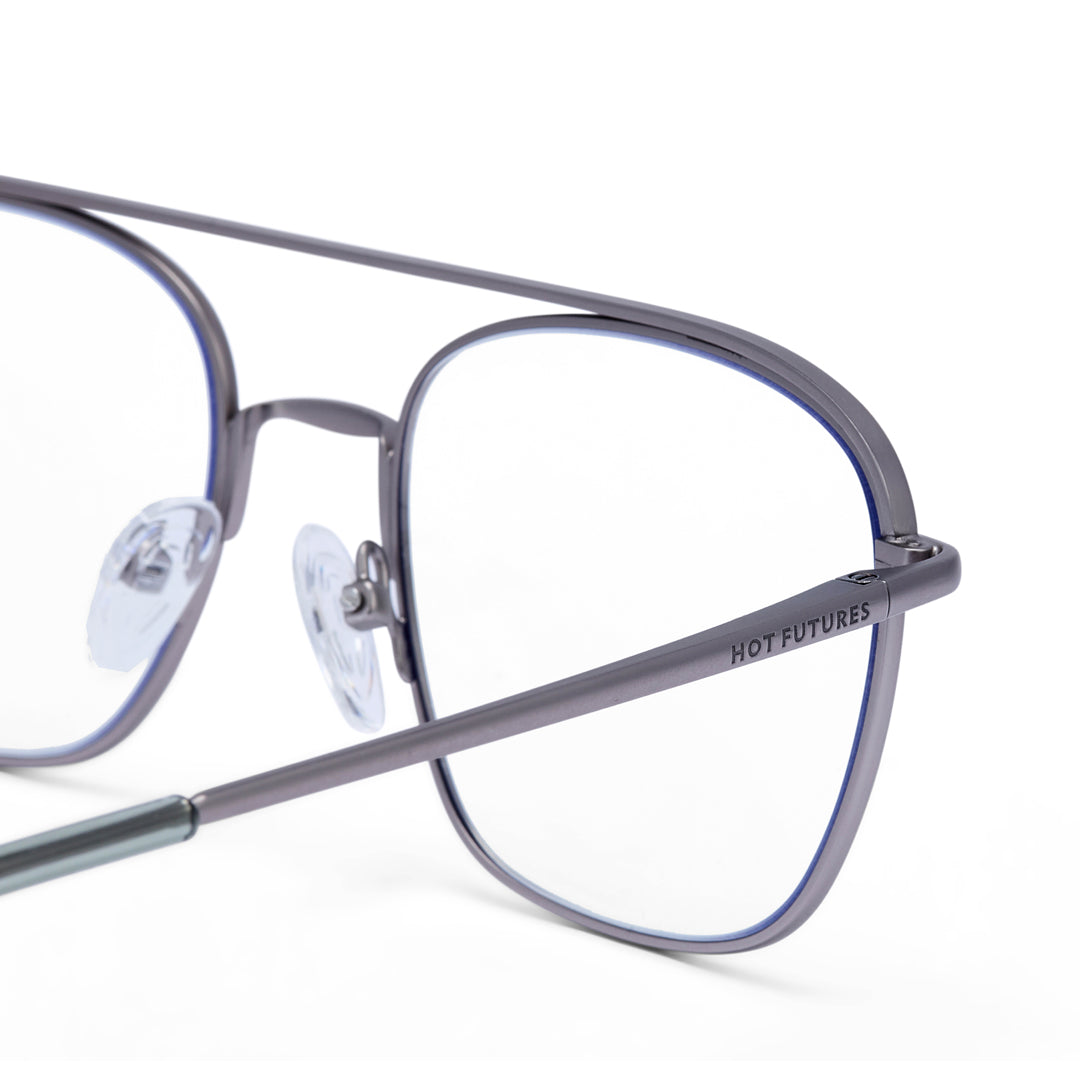 Close-up of a pair of glasses with 'Hot Futures' branding on a white background