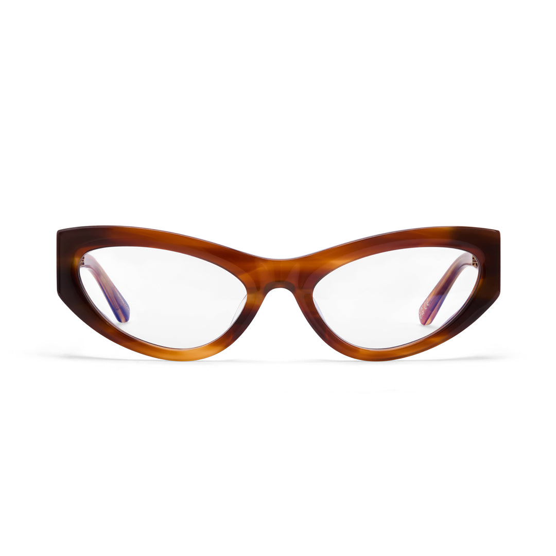 Cat-eye glasses with tortoiseshell frame on a white background