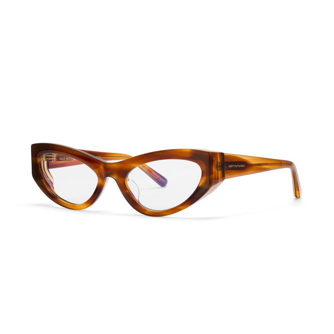Cat-eye glasses with tortoiseshell frame on a white background