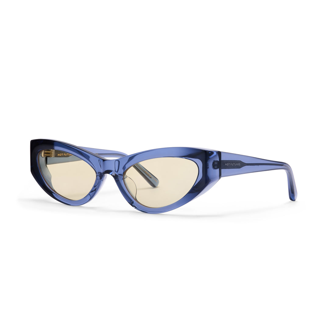 Hot Futures Storm Cat-eye Sunglasses in blue with yellow transparent lens against a white backdrop