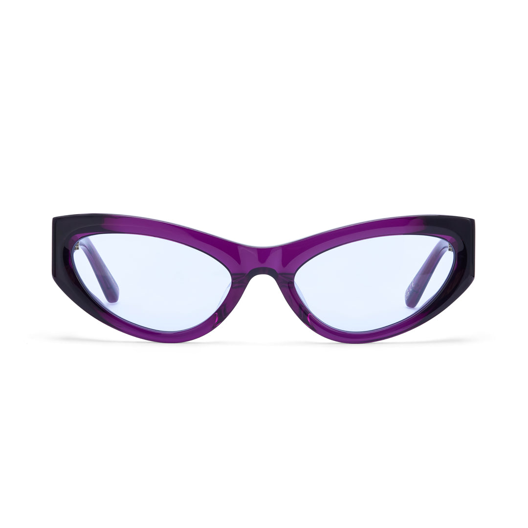 The Hot Futures Storm Sunglasses with deep purple frames & blue transparent lenses on a white backdrop