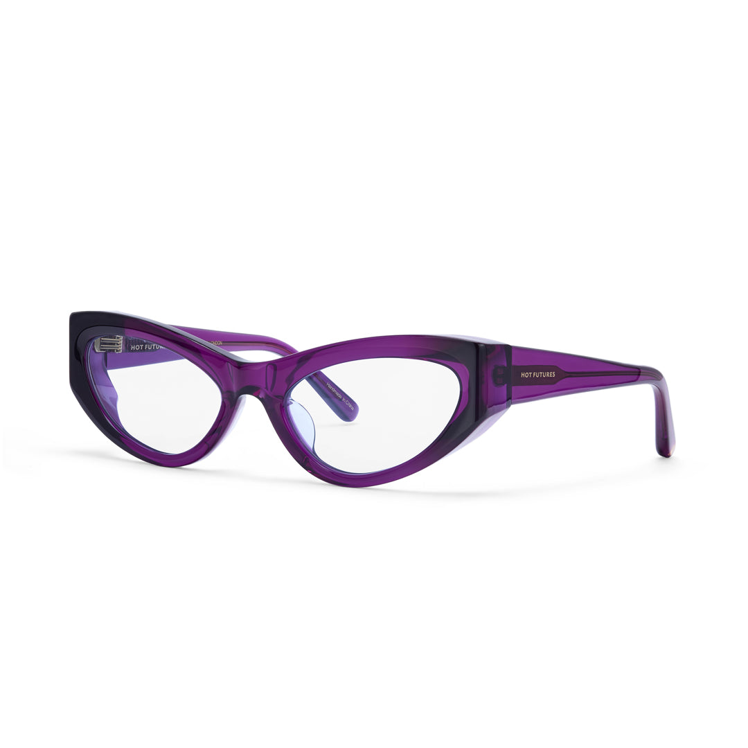 The Hot Futures Storm Sunglasses with deep purple frames & blue transparent lenses on a white backdrop