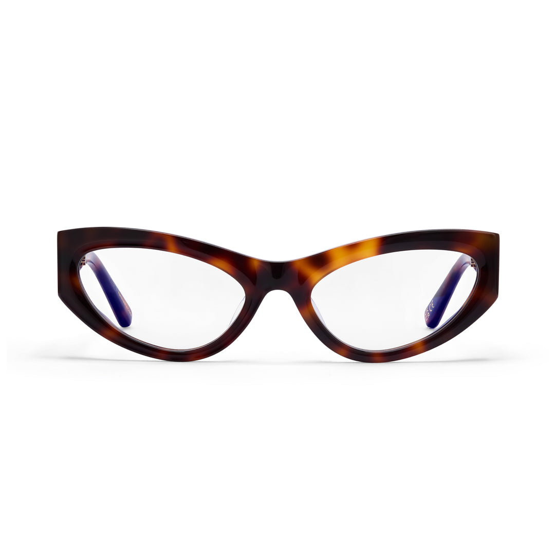 The Storm Tortoiseshell cat-eye glasses by Hot Futures on a white background