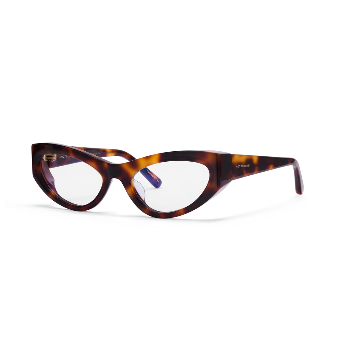 The Storm Tortoiseshell cat-eye glasses by Hot Futures on a white background
