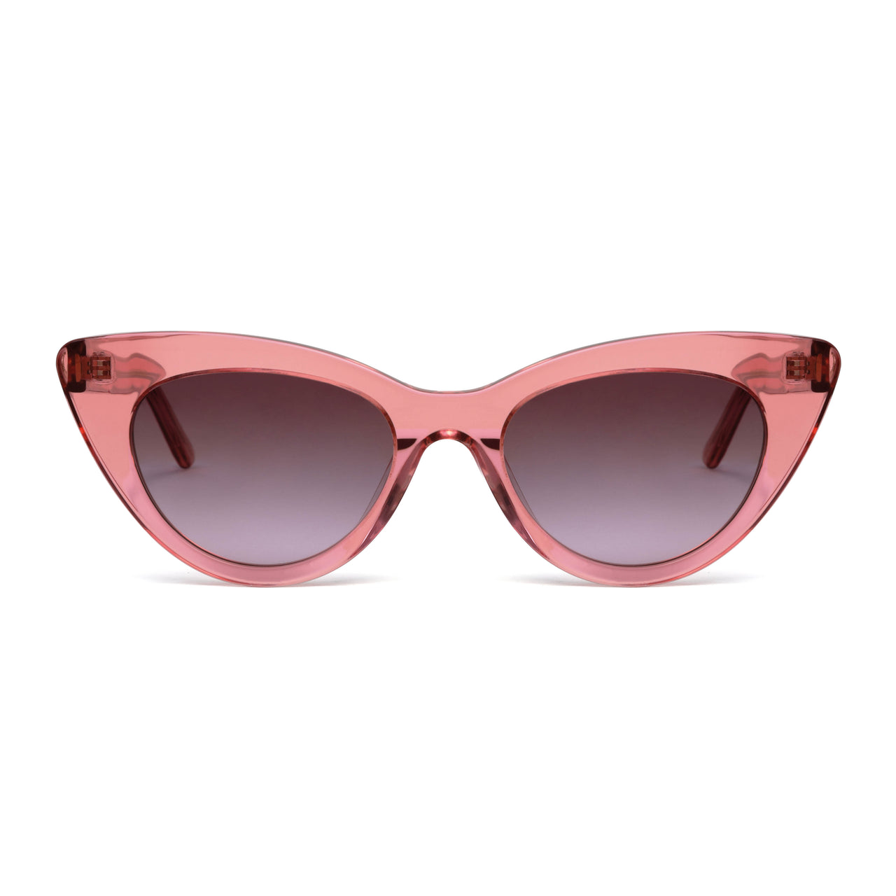 Front facing shot of the Pink Boogie Love Sunglasses with purple lens, shot against a white background