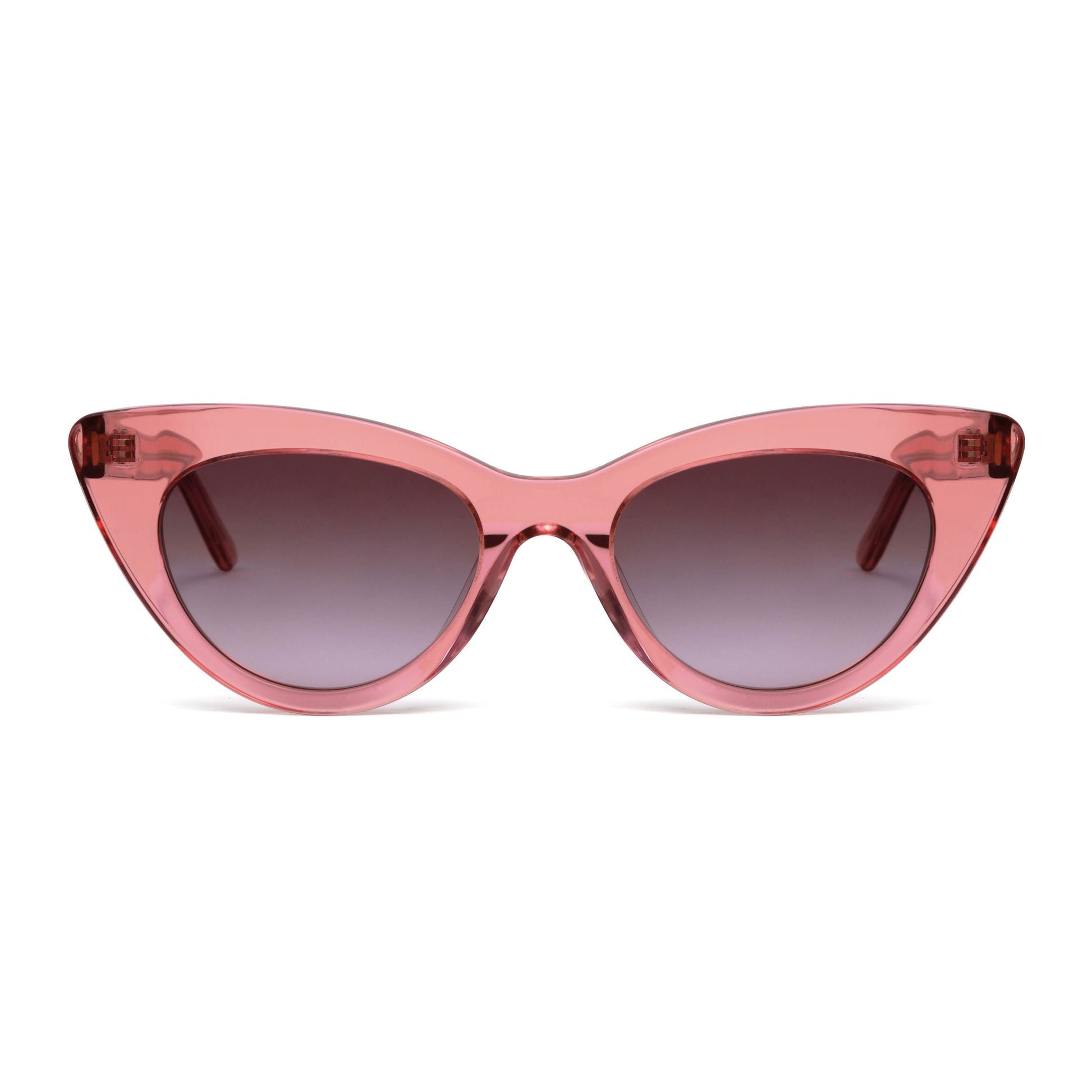 Front facing shot of the Pink Boogie Love Sunglasses with purple lens, shot against a white background