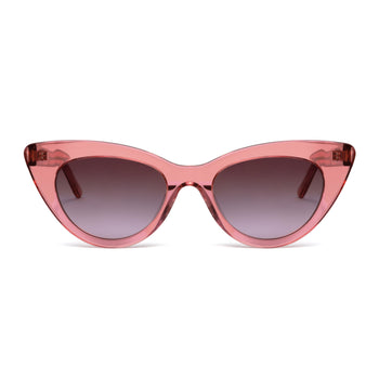 Front facing shot of the Pink Boogie Love Sunglasses with purple lens, shot against a white background