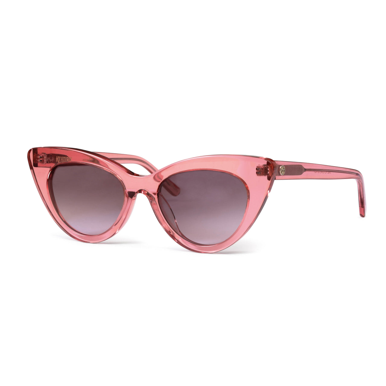 Front facing shot of the Pink Boogie Love Sunglasses with purple lens, shot against a white background